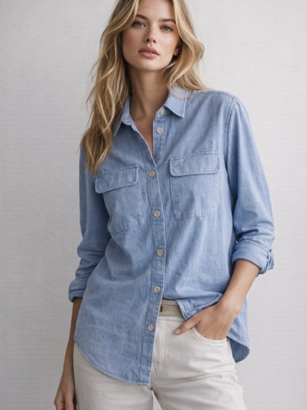 Chambray Shacket Oversized Button Up Shirt Jacket Coastal Workwear Denim XS